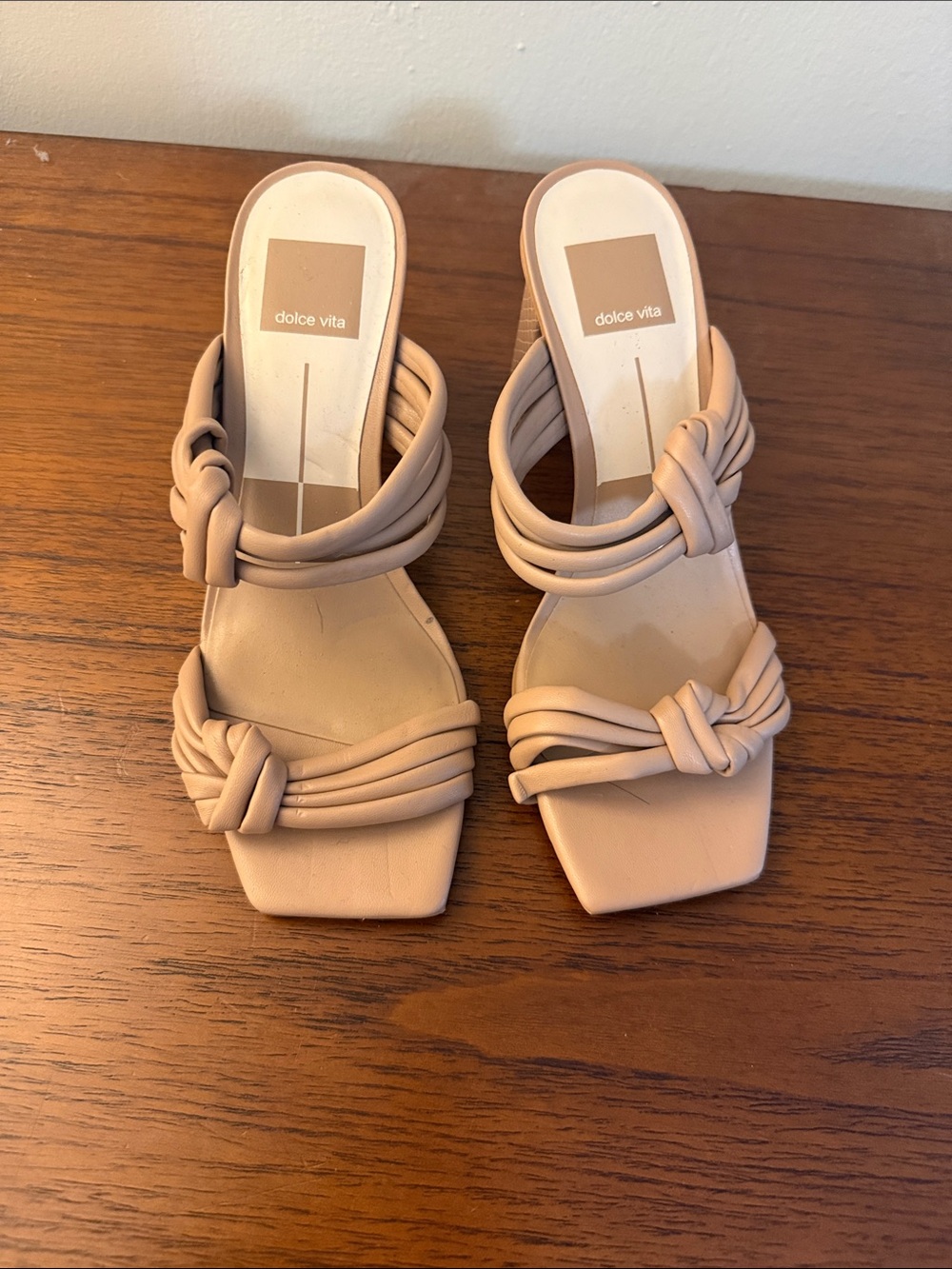 Dolce Vita Beige Knotted Strap Square-Toe Slide Heels